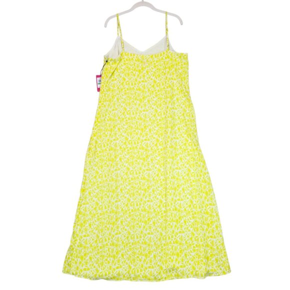 Vince Camuto Printed V-Neck Spaghetti Strap Midi Dress Womens L Bright Lemon - Picture 3 of 10